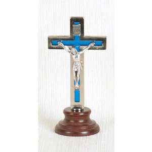  INRI Crucifix On Wood Base Silver Plated Blue Enamel 4 