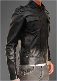 Slim Fit Button Pocket Mens Rider Black Bomber Genuine Leather Jacket 