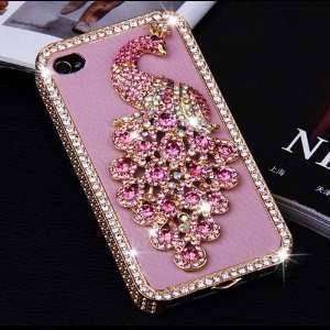   Bling Rhinestones Diamond Peacock Case Cover for iPhone 4 / 4S   Pink