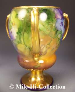   Painted Three Sided Violets Pedestalled Loving Cup Tri Handled Vase