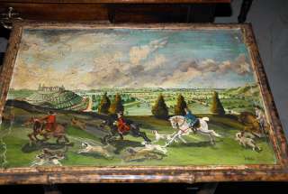   of Antique English Regency Bamboo Tables w Hunt Scene Paintings w Dogs