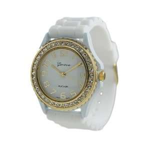 Womens Geneva White with Gold Platinum Silicone Rubber Jelly with CZ 