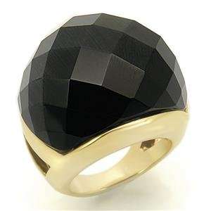   Size 8 Jet Black Synthetic Stone Brass Gold Plated Ring AM Jewelry