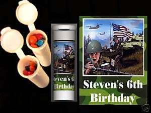 Army party favors personalized candy tubes  