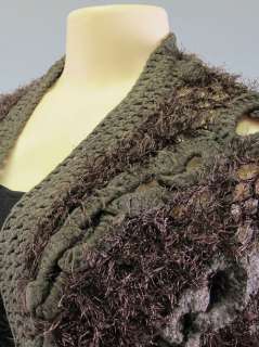 Fuzzy Sweater Cardigan Shawl Knit Crochet Braided Collar Sexy Brown 