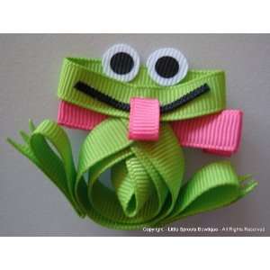  Frog Hair Clip   Made From Ribbon   Apple Green and Pink 