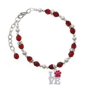  Silver Love with Red Paw Maroon Czech Glass Beaded Charm 