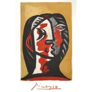 Pablo Picasso, Tete Defemme En Gris Et Rouge Sur Fond Ochre, Plate 