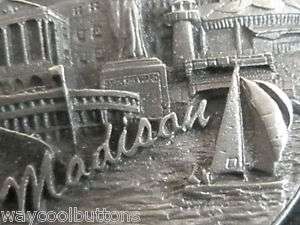   PEWTER BUTTON MADISON WISCONSIN NBS 1997 depicts SKYLINE & WATERFRONT