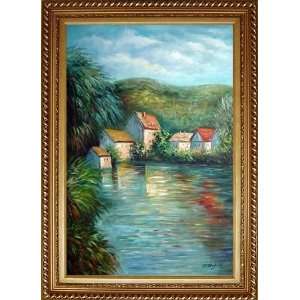  Lakeside Red Roof Houses Oil Painting, with Exquisite Dark 