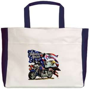  Beach Tote Navy American Pride US Flag Motorcycle and Bald 