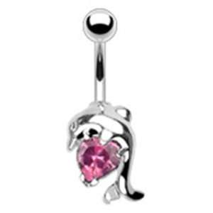  Surgical Steel Dolphin Belly Button Navel Ring with Pink 
