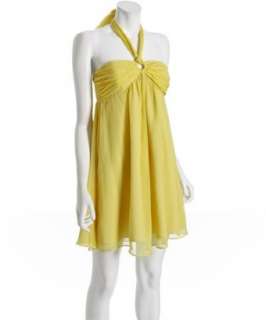 Betsey Johnson yellow crinkled silk chiffon ring halter dress 