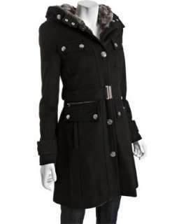 Laundry by Shelli Segal black wool blend faux fur trim hooded coat 