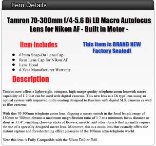 Tamron 70 300 Di Lens for Nikon Digital D60 D40 D40x  