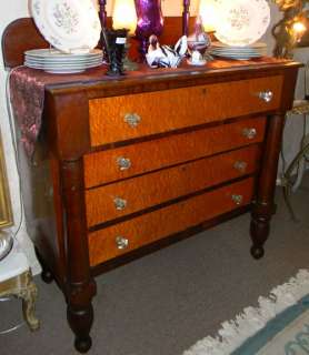 ANTIQUE EMPIRE CHERRY & FIGURED MAPLE CHEST OF DRAWERS  