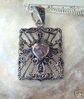 Sterling Silver Marcasite & Pink CZ Heart Pendant Charm  