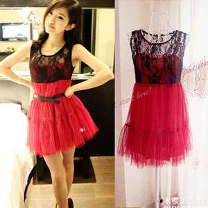 Women Lady Korean Fashion Sexy Lace Ruched Cocktail Dress Black+ Red 