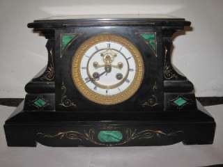 French black mantle clock w/ Marble Inlays   Circa 1890  
