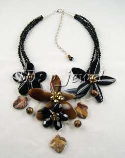 Onyx&crystal&tiger eye flower necklace/earring set  