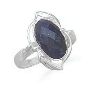 Genuine Blue Sapphire Oval Rough Cut Leaf Design Sterling Silver Ring 
