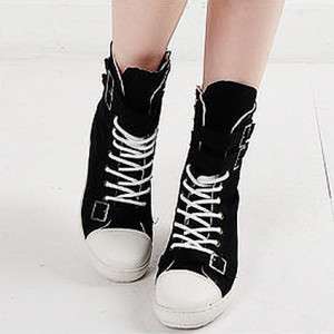 Womens Black White Buckle High Top Sneakers Boots US6~8  