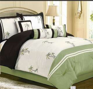 7PC Green *Catalina Island Embroidery Palm Tree Comforter Set Queen 