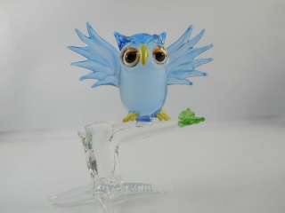 OWLS BLUE BLOWN GLASS HANDMADE MINIATURE ANIMAL FIGURINE  G63  