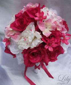 17pcs Wedding Bridal Bouquet Flower Peony FUCHSIA WHITE  
