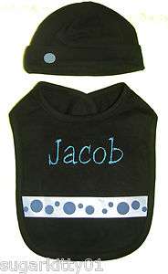 Personalized Black Baby Bib & Hat Blue Raised Dot  