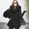 Fur Collar Hooded Womens Double Breasted Batwing Cape Poncho Coat 