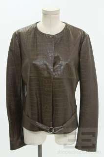 Max Mara Brown Croc Embossed Leather & Mink Fur Collar Jacket Size 