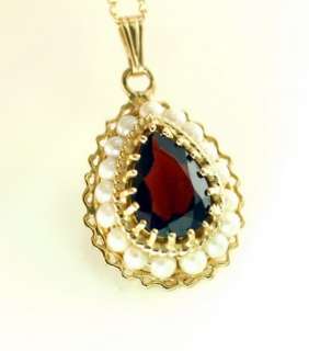 Antique 14K Yellow Gold Pear Shaped Garnet Seed Pearl Pendant Chain 