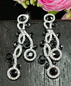 Elegant Black & Clear Swarovski Crystals 18KGP Dangle Earrings E222 