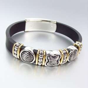 Designer Style Silver Cable Gold Quatrefoil Links Rubber Bracelet 