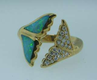   Gold KABANA Opal Inlay Aquatic Whale Tail Diamond Ring Size 7  