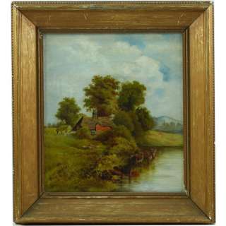 Victorian Antique Signed Cattle Watering by River Landscape Oil 