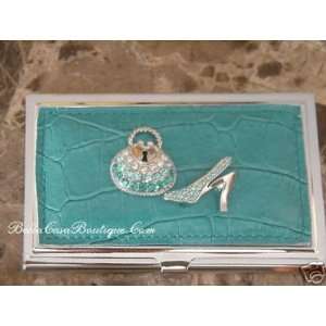  Jeweled Business Card Case  Teal Leather Handbag & Shoe 