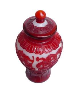 Chinese Red White Dragon Peking Glass Jar s1684v  