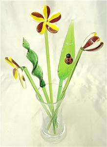 NEW Blown Glass Plummeria Flowers in Glass Vase with Ladybug Leaves 