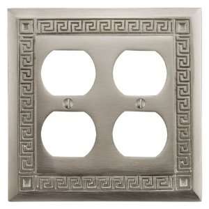 Solid Brass Greek Design Double Duplex Outlet Cover   Brushed Nickel