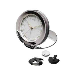  Cardine   Chrome travel clock with leather pouch.