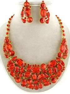   Red Rhinestone Jeweled Bib Statement Necklace and Earrings Set  