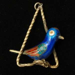 Bird on a Perch Pendant Vintage Enamel  