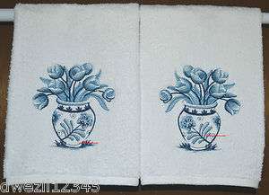 DELFT BLUE TULIPS   2 EMBROIDERED BATH HAND TOWELS  