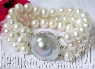 beautiful 3strands 8  10mm white round freshwater pearl bangle 