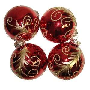 Set 4 Red & Gold Glitter Leaf Glass Ball Christmas Ornaments 2.75 