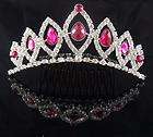   Prom Pageant Pink crystal veil Princess tiara crown Comb HGY0908
