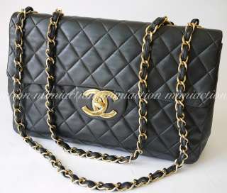 Auth Chanel black lamb quilted XL jumbo cc logo handbag shoulder bag 