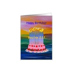  Twenty One, Happy Birthday, BIrthday Cake and Candles Card 